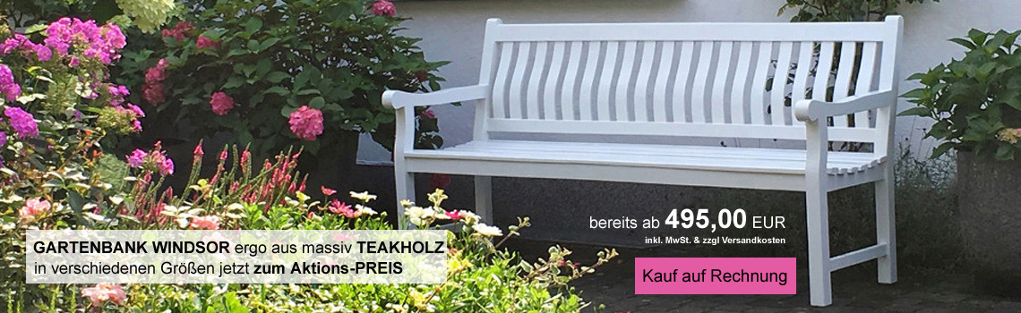 jetzt gartenbank windsor aus teak-holz zum angebotspreis kaufen in den Farben weiß, natur und allen RAL Farben.