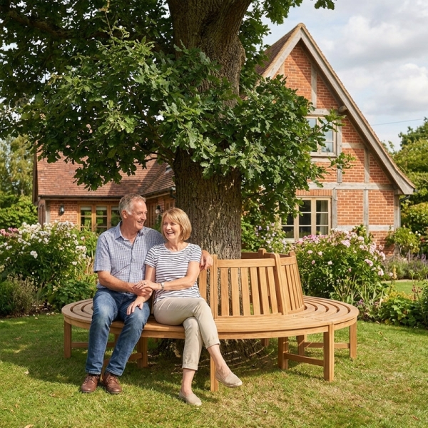 teakholz baumbank in garten um baum