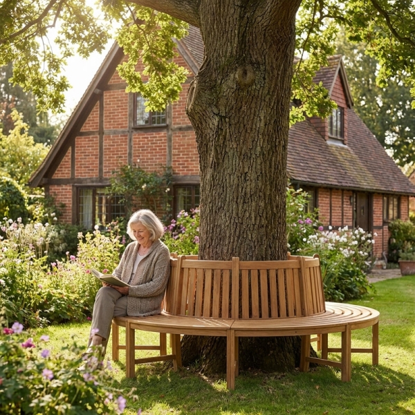 rundbank im garten um baum