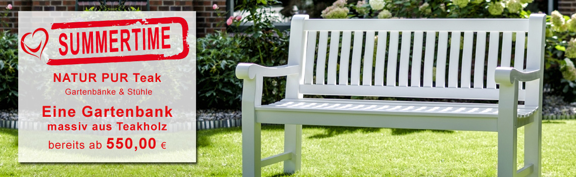 jetzt gartenbank windsor aus teak-holz zum angebotspreis kaufen in den Farben weiß, natur und allen RAL Farben.